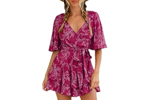 Relipop Women's Summer Romper Floral V Neck Short Sleeve Waist Tie Knot Ruffle Hem Short Casual Rompers Jumpsuits
