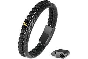 FOCOOG Layered Leather Beads Initial Bracelets for Men, Braided Leather Natural Stone Bracelets for Men with Magnetic Clasp Mens Leather Beaded Bracelets with 26 Initials Stress Anxiety Relief Gifts for Men