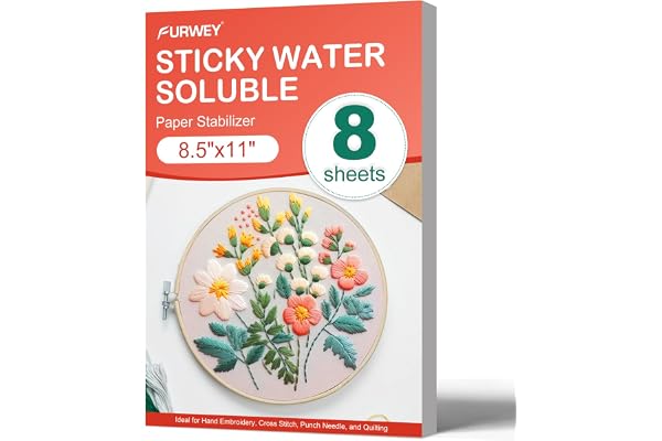FURWEY 8PCS Printable Water Soluble Embroidery Stabilizer 8.5"x11" Self Adhesive Wash Away Stabilizer Paper for Hand & Machin