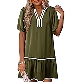 Dokotoo Women's Summer Dress Short Puff Sleeve V Neck Boho Floral Mini Casual Dresses with Pockets for Beach Vacation