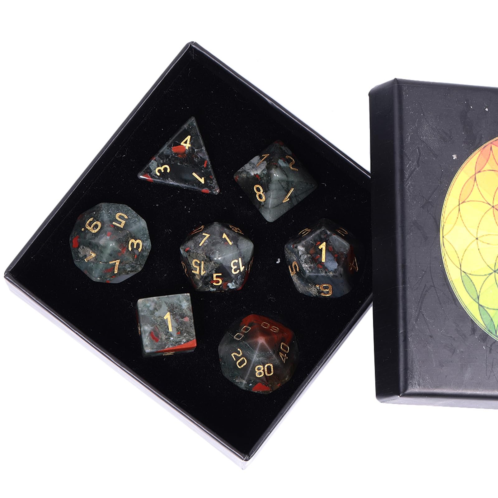 Nupuyai 7pcs Africa Bloodstone Crystal Polyhedral DND Dice Set for RPG MTG Table Games, Polished Tumbled Stones Dices with Box for Home Decor