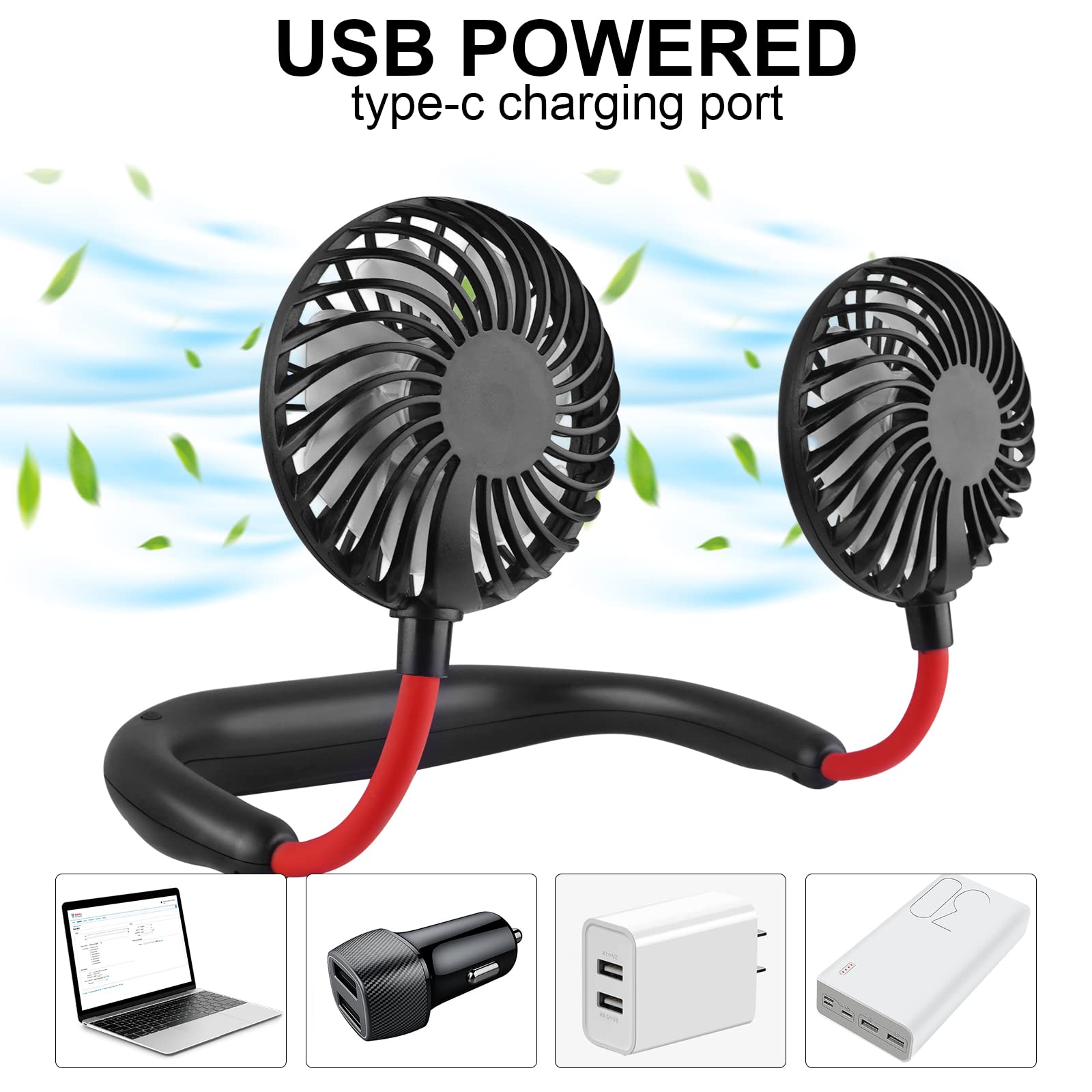 Haomaomao Portable Neck Fan 2500 mAh Rechargeable USB Hands-Free Mini Face Cooling Personal Double Headed Rotatable Small Fan for Working Office Reading Traveling Outdoor Sport