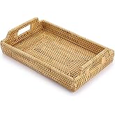 Hipiwe Rattan Serving Tray with Handles - Hand-Woven Decorative Tray for Storage Breakfast, Drinks, Snack,Rectangular Basket Organizer Tray for Coffee Table, Home Decor (Small)