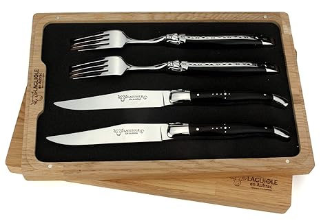 Laguiole en Aubrac - 2 Steakmesser und 2 Gabeln im Set - Griff Ebenholz - Original Frankreich mit Zertifikat