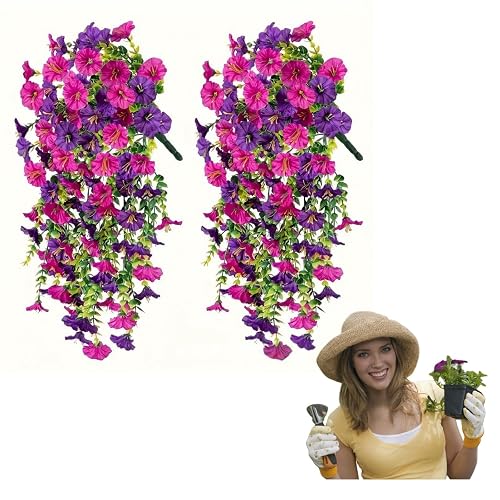 Ryfpdml 2Pcs Artificial Hanging Flowers Outdoor, Fake Trailing Plants Morning Glory Decoration Artificial Fake Silk Hanging Plants Basket Spring Decor Garden Porch Wedding for Pots Patio All (F)
