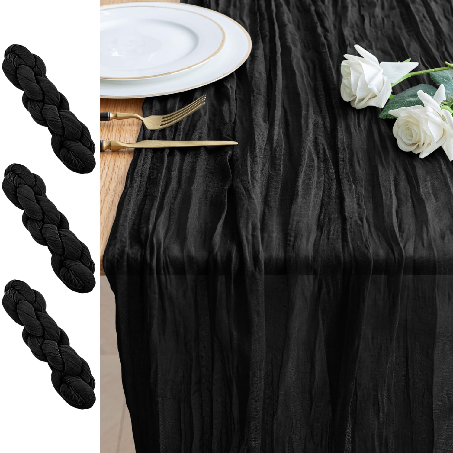 Photo 1 of Xiomot 3PCS Table Runner Cheesecloth 10FT Black Boho Gauze Cheese Cloth Rustic Sheer Table Runners for Wedding Birthday Bridal Baby Shower Party Decoration
