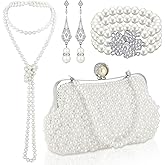 Maitys 4 Pcs 1920s Accessories Pearl Necklace and Earring Set Pearl Set Jewelry for Women 1920s Accessories for Gifts Wedding Bridal Party Birthday