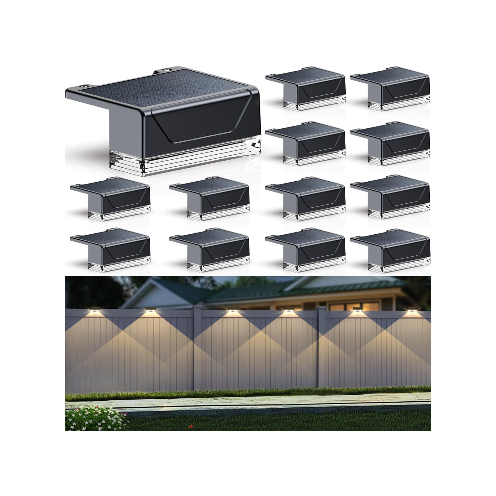Photo 1 of Solar Fence Lights Outdoor - 3000/4000/6000K 3 Mode, IP65 Waterproof Fence Lights Solar Powered, Dusk to Dawn Solar Light for Outside, Backyard/Step/Patio/Deck/Stair Railings and Wall (12 pack)