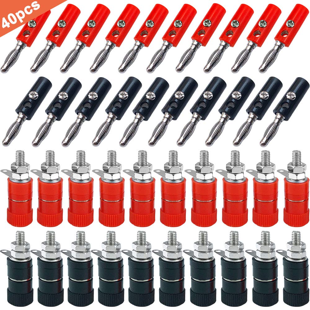 QitinDasen 40Pcs Premium 4mm Banana Plug Socket Connector Kit: 20Pcs Nickel Plating Banana Plug + 20Pcs Binding Post Terminal, for Speaker, Audio / Video Receiver, Amplifiers Systems (Red & Black)