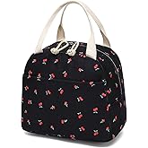 Corduroy Lunch Box for Women Girls, Lunch Tote Bags Reusable Insulated Cooler Lunchbag Large Capacity Lunchbox for School Work Travel Picnic (Cherry Black)