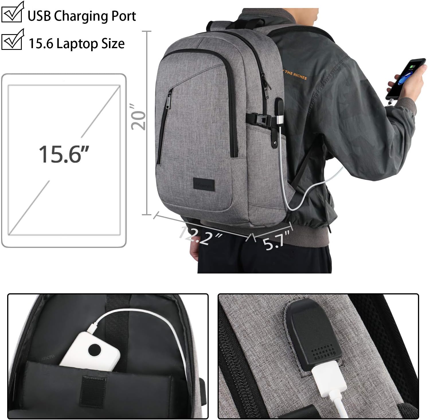 Laptop Backpack, Business Water Resistant Laptops Backpack Gift for Men Women with Lock and USB Charging Port, Mancro Anti Theft College School Bookbag, Travel Computer Bag for 15.6 Inch Laptops,Grey: Computers & Accessories