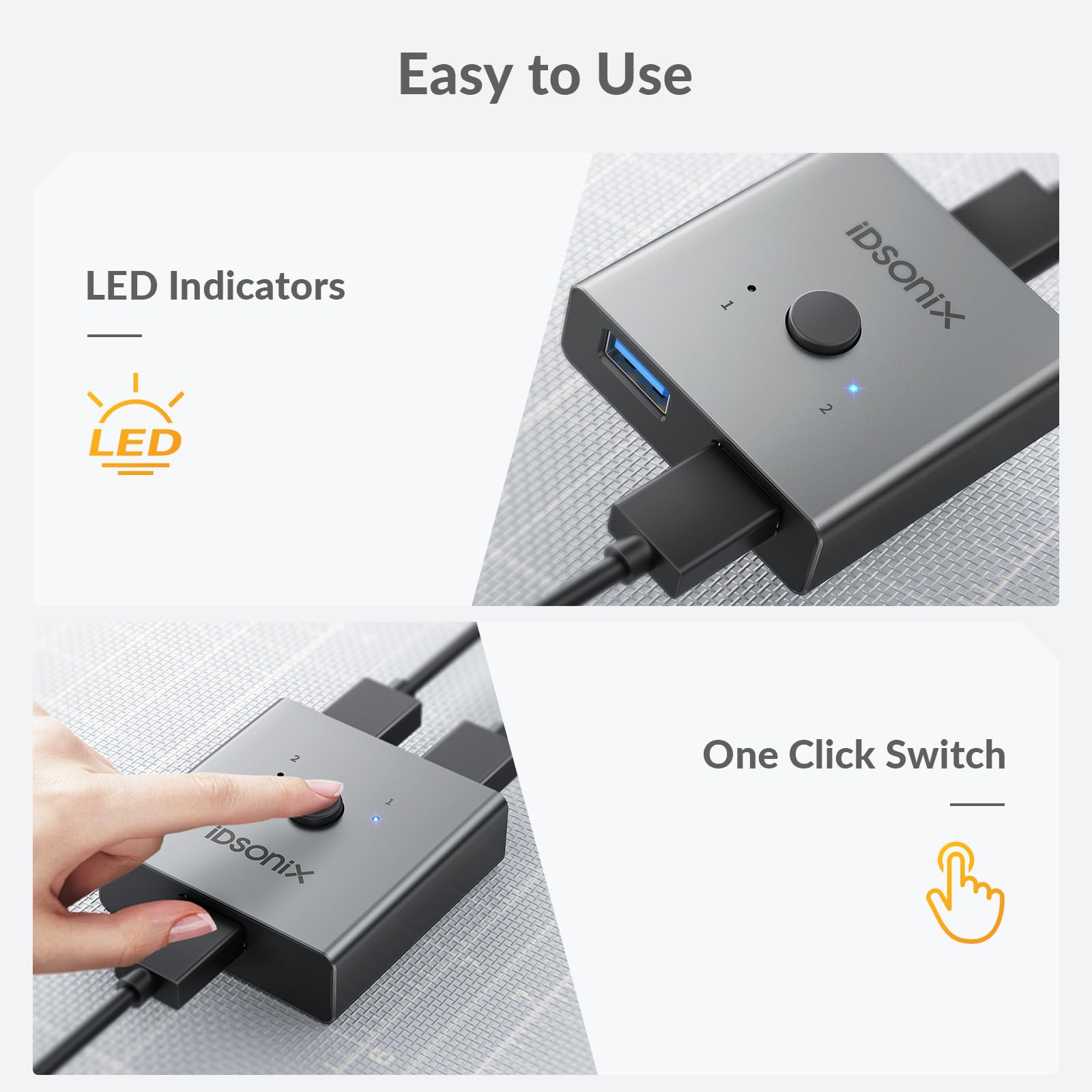 iDsonix USB 3.0 Switch Aluminum, Bi-Directional USB Switcher 1 in 2 Out (2 in 1 Out), USB Switch 2 Computers Share 1 Device for Printer Mouse Keyboard, USB Sharing Switch Support CarPlay,Android Auto