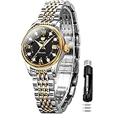 OLEVS Watch for Women Automatic Self Winding Mechanical Ladies Wrist Watch Big face Two Tone Stainless Steel Ceramic Bracelet Heart Diamond Fashion Luxury Ceramic Band Luminous Waterproof