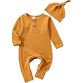 Infant Boys Girls Clothes Set Newborn Baby Romper Hat Ribbed Knit Long Sleeve Button Solid Bodysuit Jumpsuit