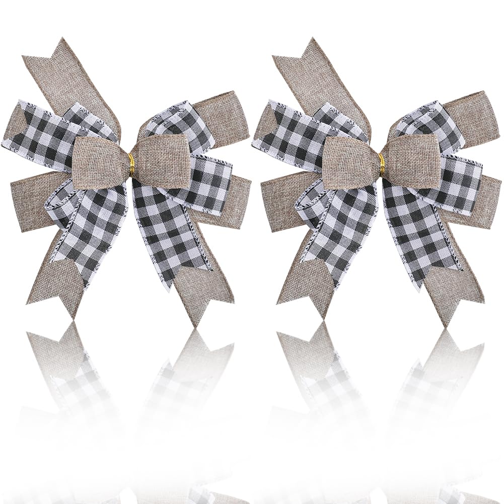 GORGECRAFT 2Pcs Buffalo Plaid Burlap Bow Black White Plaid Christmas Tree Topper Bows for Wreath Farmhouse Holiday Hanging Yarn Outdoor Indoor Front Door Party Decor 31x26.5cm
