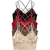 OYOANGLE Women's 4 Pack Lace Bralettes Criss Cross Cami Bras Unlined Wireless Comfortable Everyday Bra Cute Lace Bras