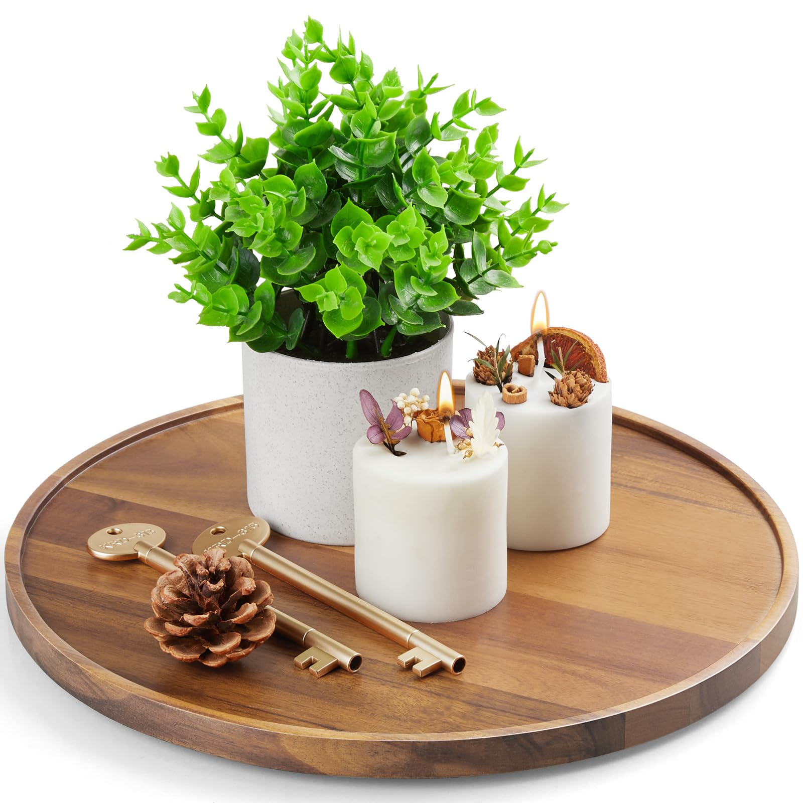 Photo 1 of 12 Inch Acacia Wood Round Tray, Wooden Decorative Serving Coffee Table Tray Centerpiece Candle Holder for Farmhouse Kitchen Dining Room Home Decor Coffee Table Decor and Accessories