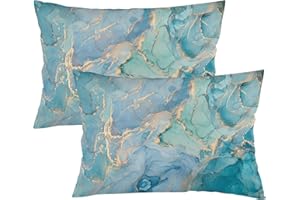 Teal Marble Throw Pillow Covers Set of 2 Queen Size Turquoise Blue Gold Natural Luxury Abstract Fluid Pillow Cushion Cases St