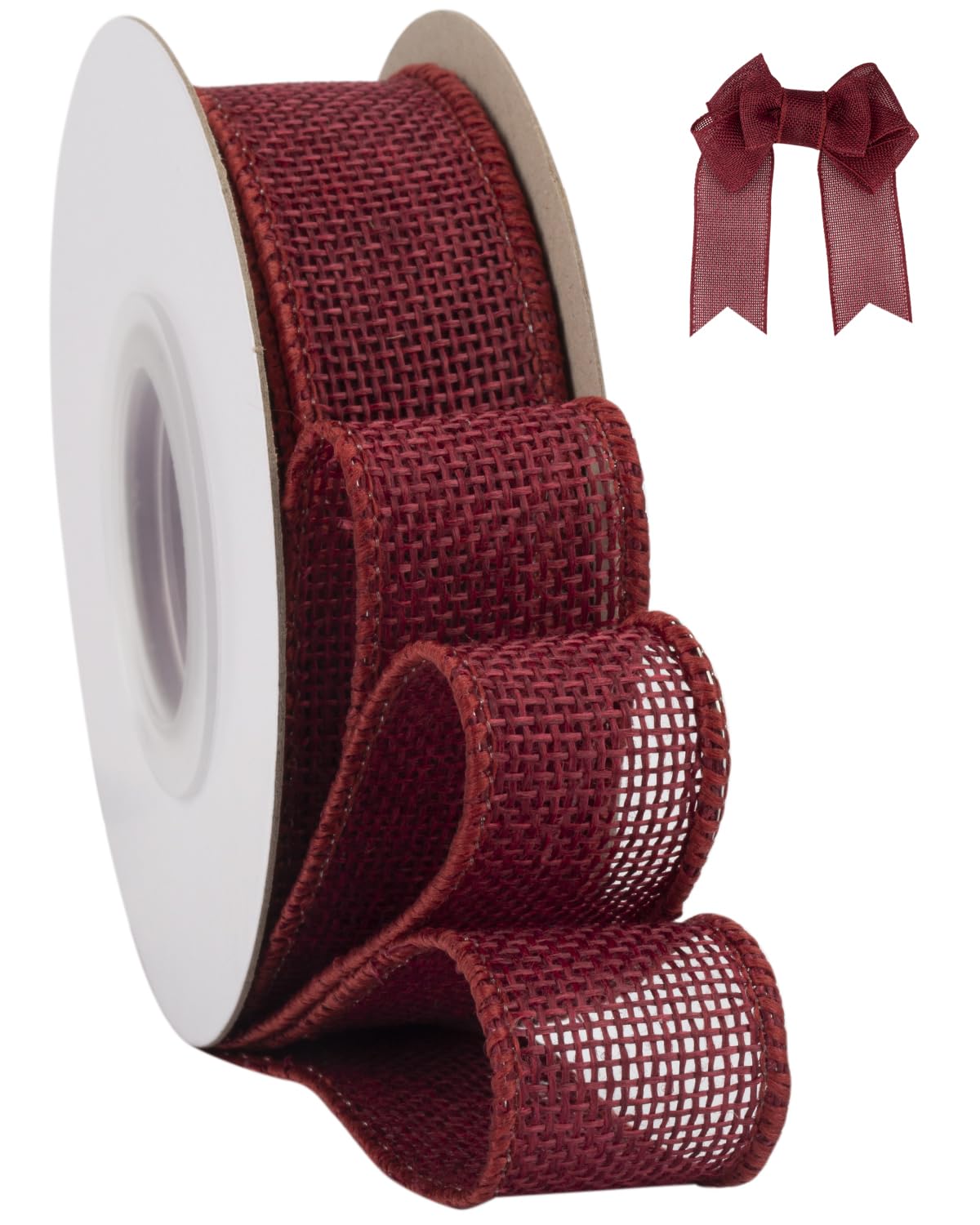 Tekdeere Burlap Ribbon 25mm x 9 Meters, Burgundy Wired Ribbon for Crafts, Gift Wrapping, Wreaths, Bows, Tree Decoration and Outdoor Decoration