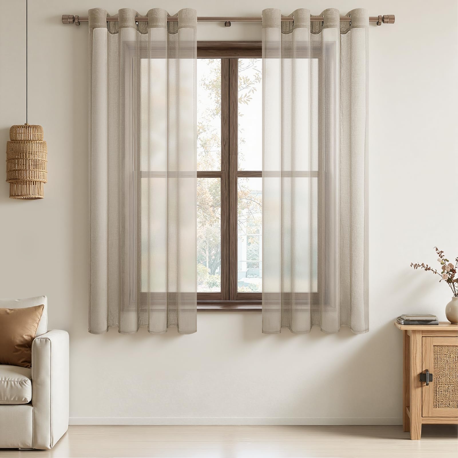 MRTREES Voile Curtains 54 Drop 2 Panels Faux Linen Eyelet Short Sheer Curtain Panel for Bedroom Living Room Patio Door 55x54 Drop 140cm x 137cm Biscut