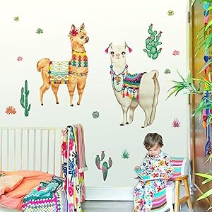 decalmile Large Llama Wall Decals Tropical Cactus Plants Wall Stickers Baby Nursery Kids Bedroom Living Room Wall Decor (H: 24 Inches)