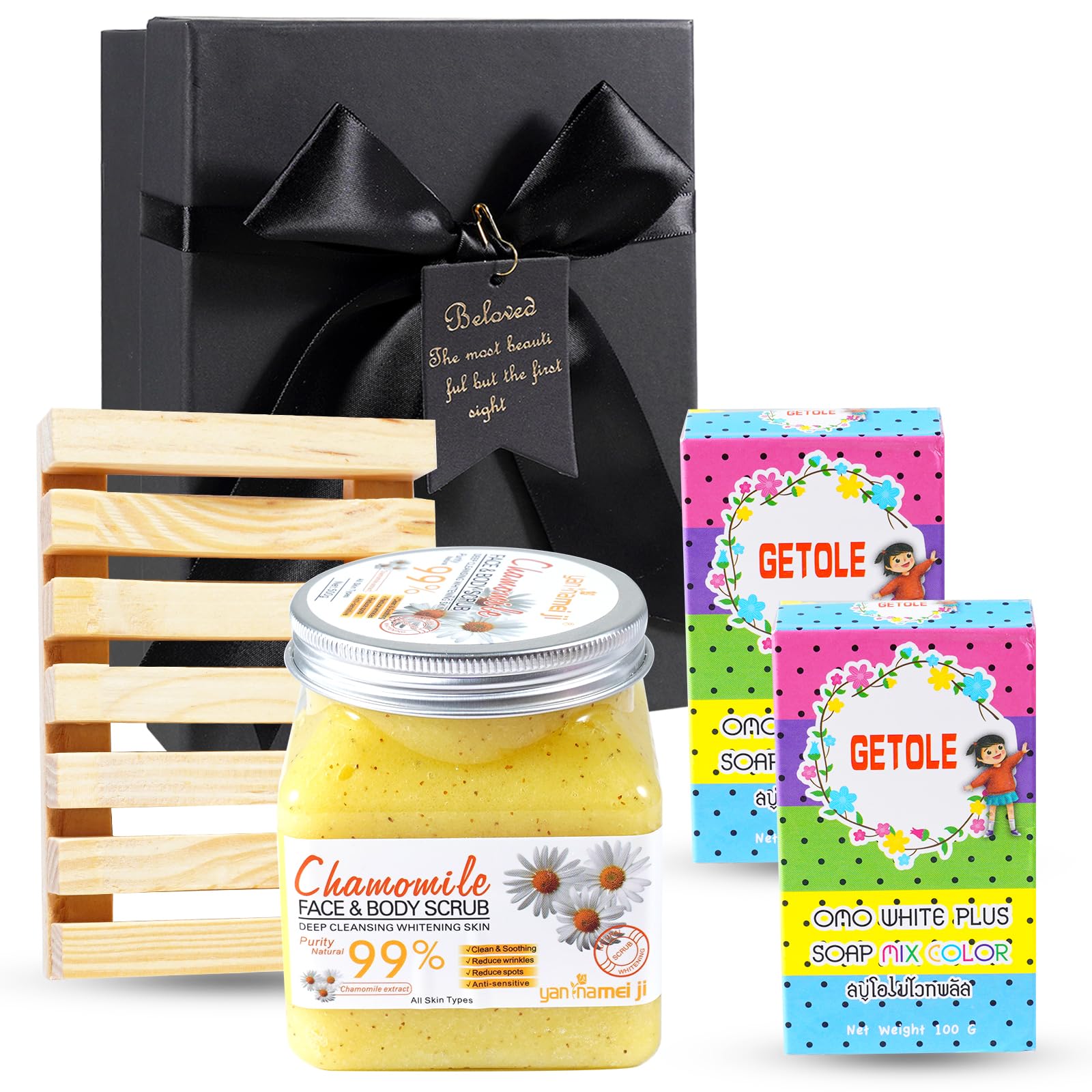 Soulnioi Soap Bar Gift Set-Fruit Scented Bath Salt,Scrub Bath Salt+Natural Soap,Bar Soap,Rainbow Soap,Children soap+Soap Dish for Shower,Wood Bathroom Soap Holder for Soap Bar Chamomile