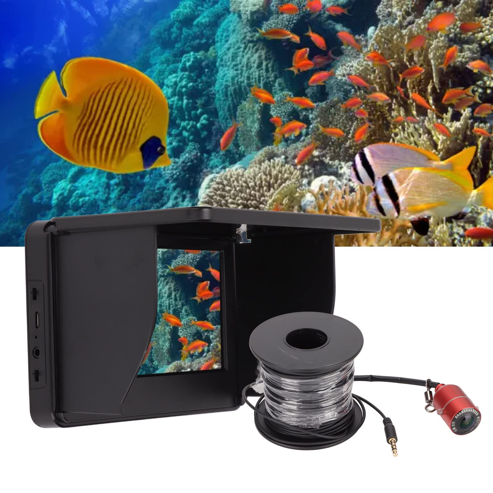 Underwater Fishing Camera, IP67 Waterproof 5 Inch IPS LCD Monitor Portable Fish Finder Underwater Camera 120°Viewing Angle Fish Finder with 30m/98ft Cable, for Ice Fishing Sea Fishing Boat Fishing