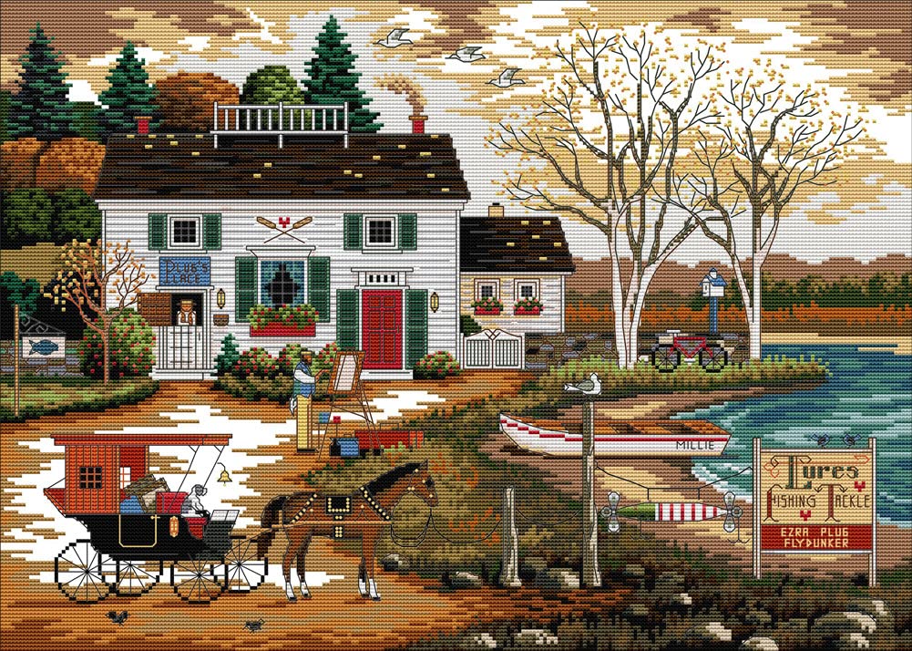 Awesocrafts Cross Stitch Stamped Kits Living by The Water Easy Patterns Cross Stitching Embroidery Needlework Kit Supplies 14CT 2 Strands (House)