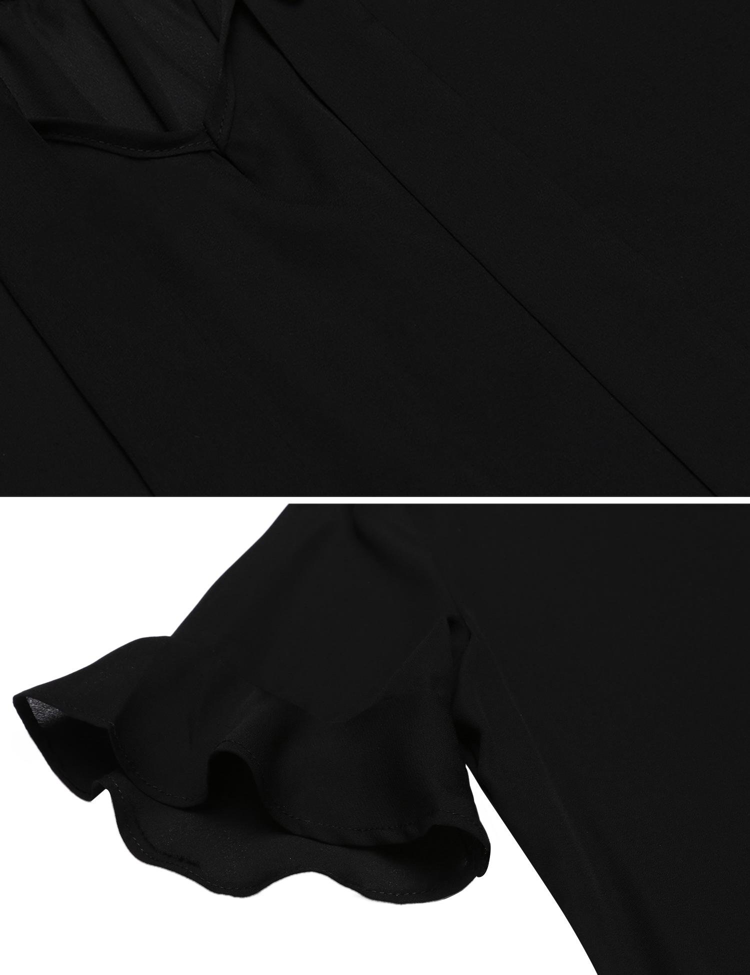 Women Elegant Chiffon Shirt Bow Tie Neck Elbow Sleeve Ruffle Solid Blouse Top Black/M