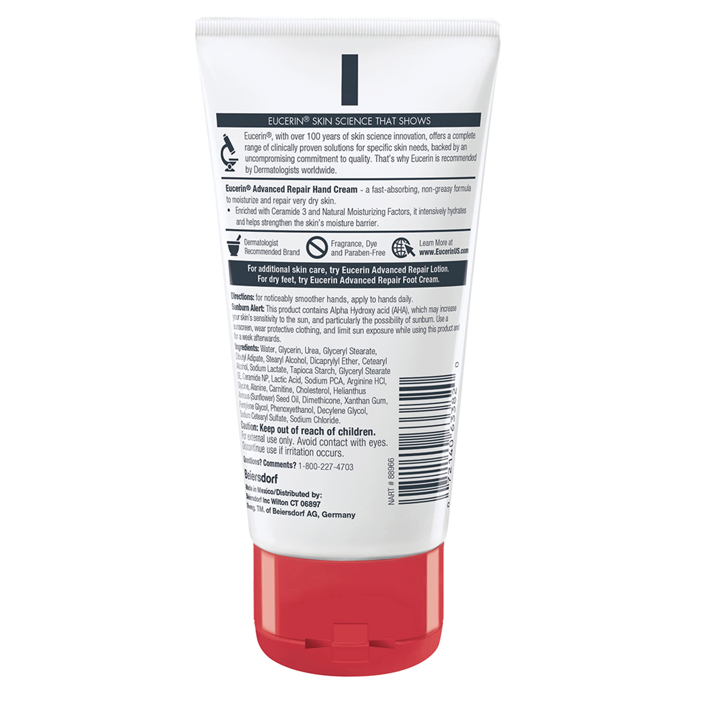 Eucerin Advanced Repair Hand Cream, Immediately Soothes and Repairs Very Dry Skin, Fragrance Free, Non Greasy, Fast Absorbing, Travel Size Hand Lotion, 2.7 Oz Tube, Pack of 3