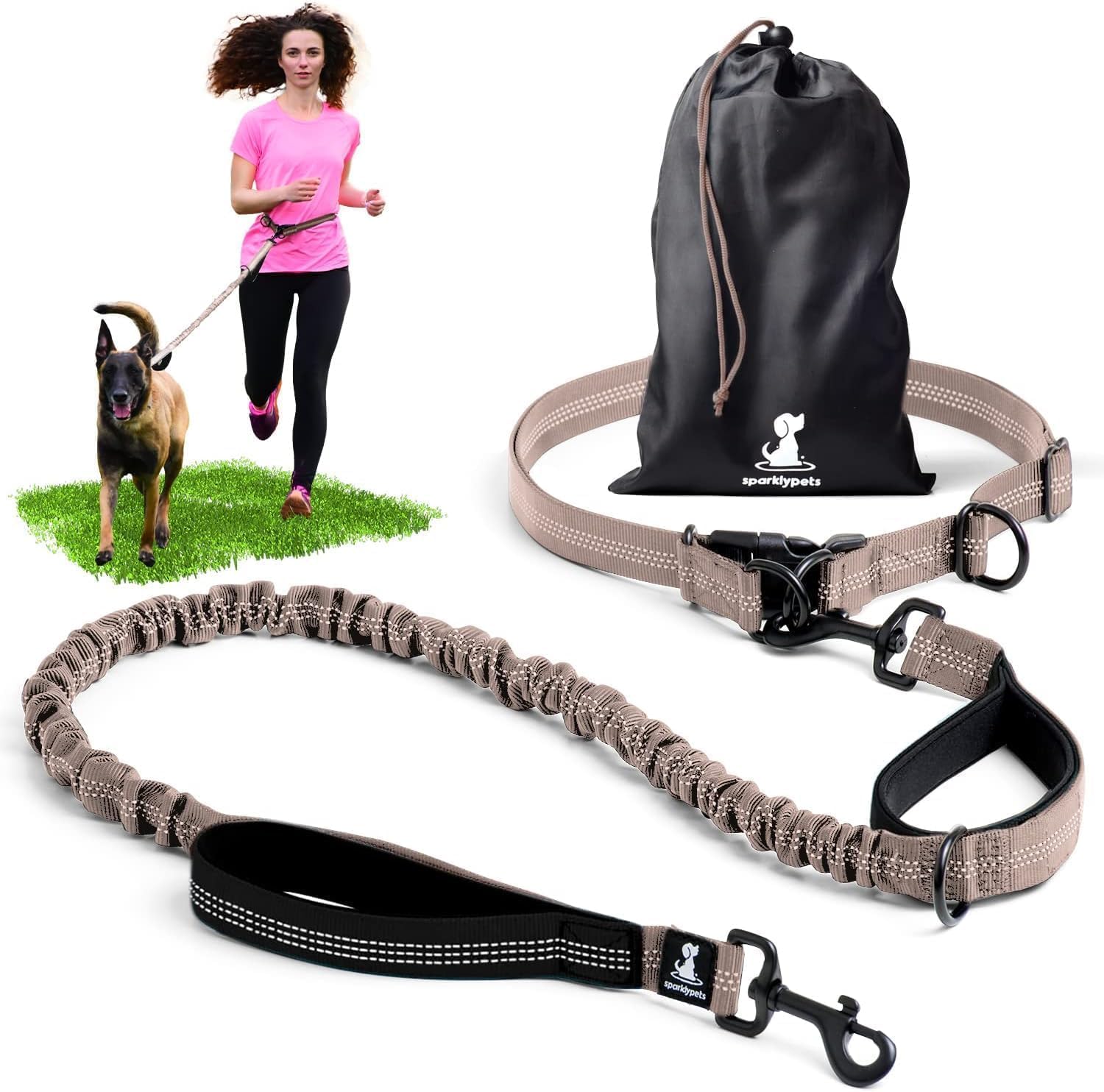 SparklyPets Hands-Free Dog Lead for Medium and Large Dogs – Professional Harness with Reflective Stitches for Training, Walking, Jogging and Running Your Pet (Brown, For 1 Dog)