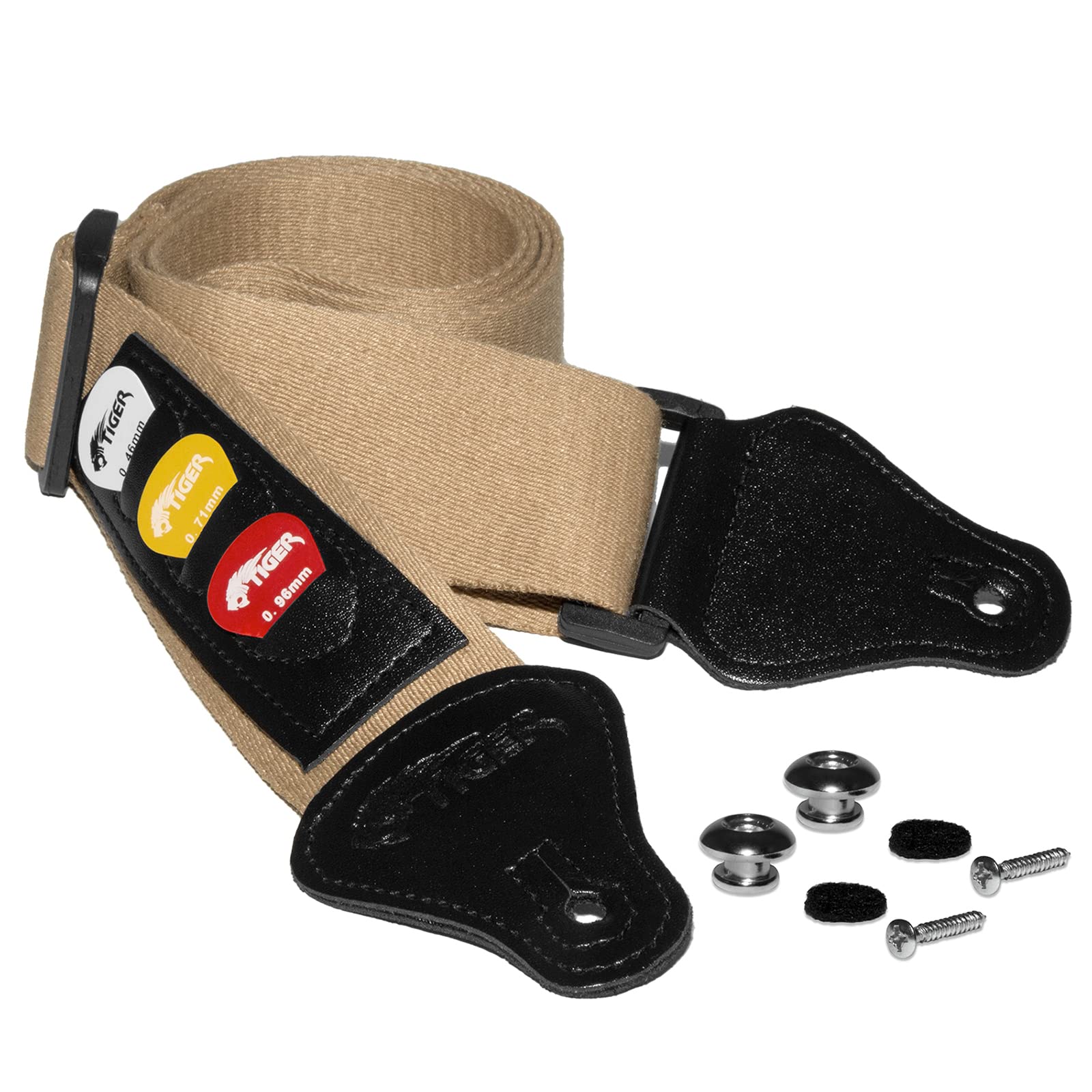 TIGER STP5-TW-PACK Guitar Strap with Pick Holders, Picks & Strap Button for Classical, Acoustic, Electric and Bass Guitars - Tweed