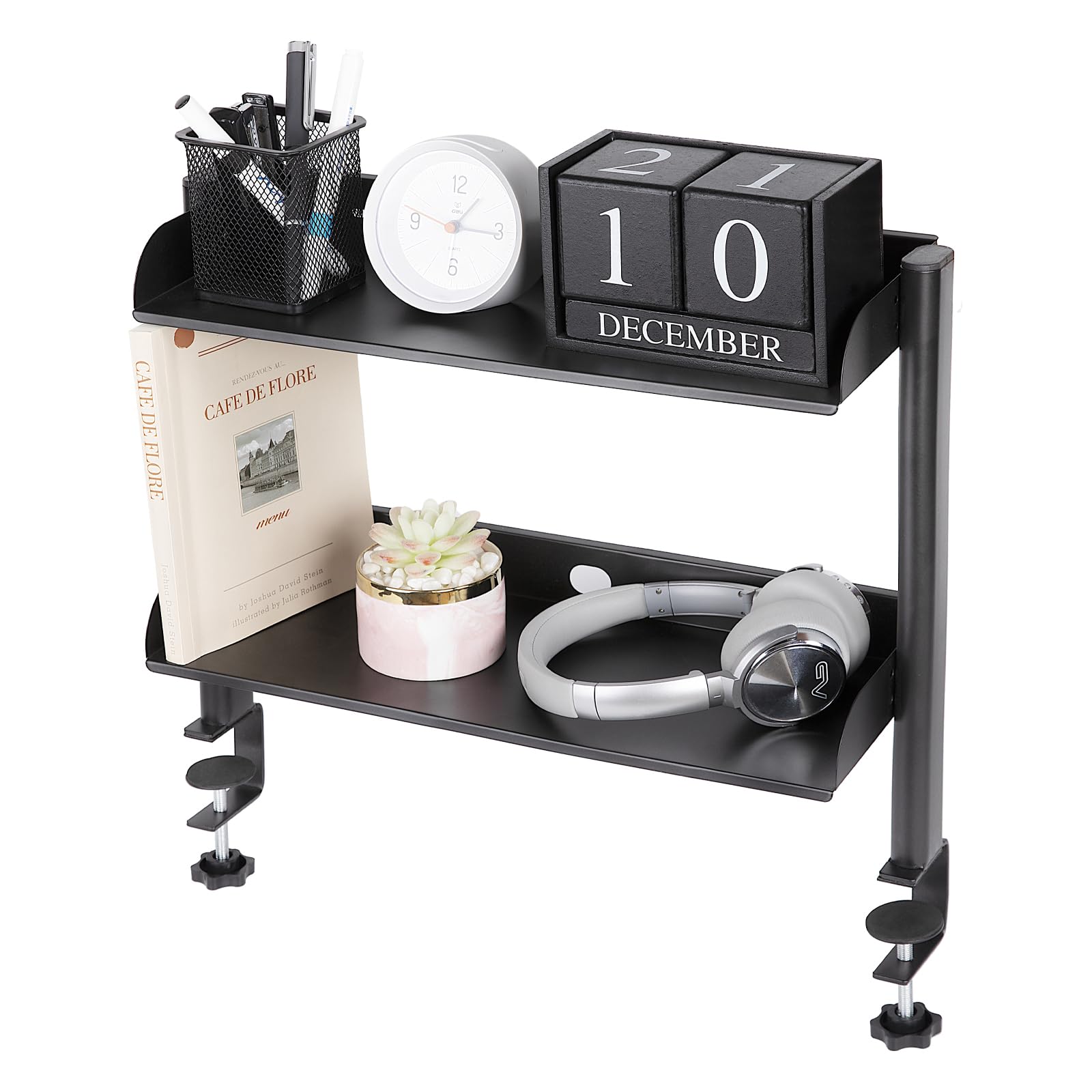 Photo 1 of DAPOTUGI Clamp On Desk Organizer Shelf,17.32" Desk Extension Shelf,2-Tier Shelving Unit with Adjustable Metal Storage Tray,Desk Extender Side Table,for Desktop Accessories,Gaming Devices (Black)