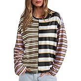 Tankaneo Womens Oversized Striped Shirts Color Block Crew Neck Sweatshirt Casual Loose Fit Long Sleeve Tops