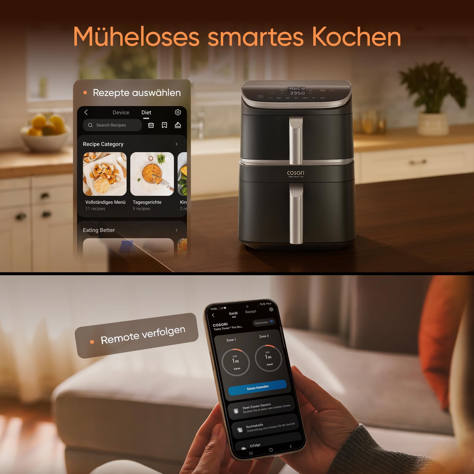 COSORI Turbo Tower Pro Smart Airfryer, 10,8L Keramikbeschichtung Heißluftfritteuse, DualBlaze-Technologie und WLAN-Steuerung, Silbergrau, Grau Silber 3