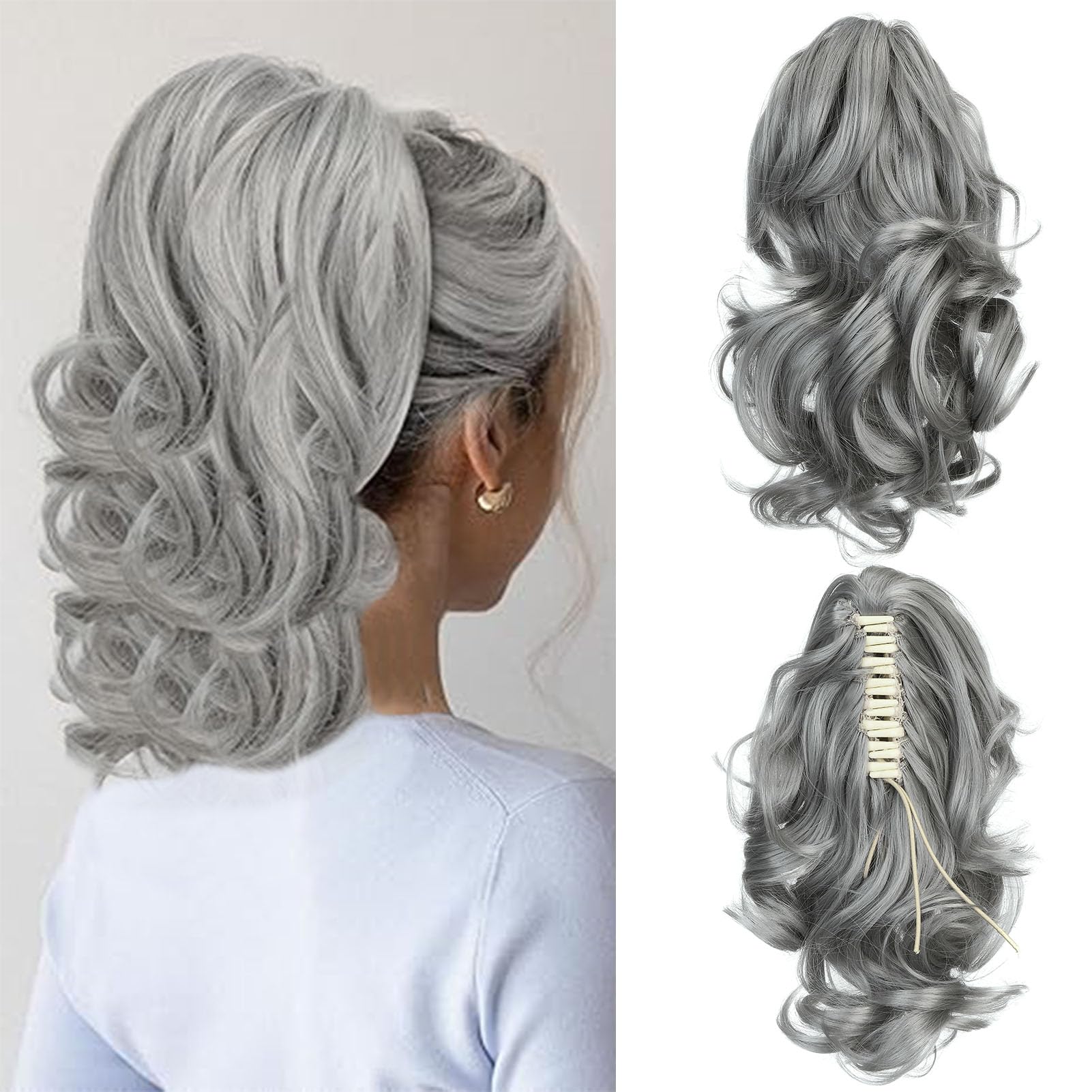 Cybelleza 14 inch Ponytail Hair Extension Curly Wavy Claw Jaw on Long Short Cute Pony Tails Clip in Hair Extensions Ponytail Hairpieces Synthetic for Women, Dark Gray
