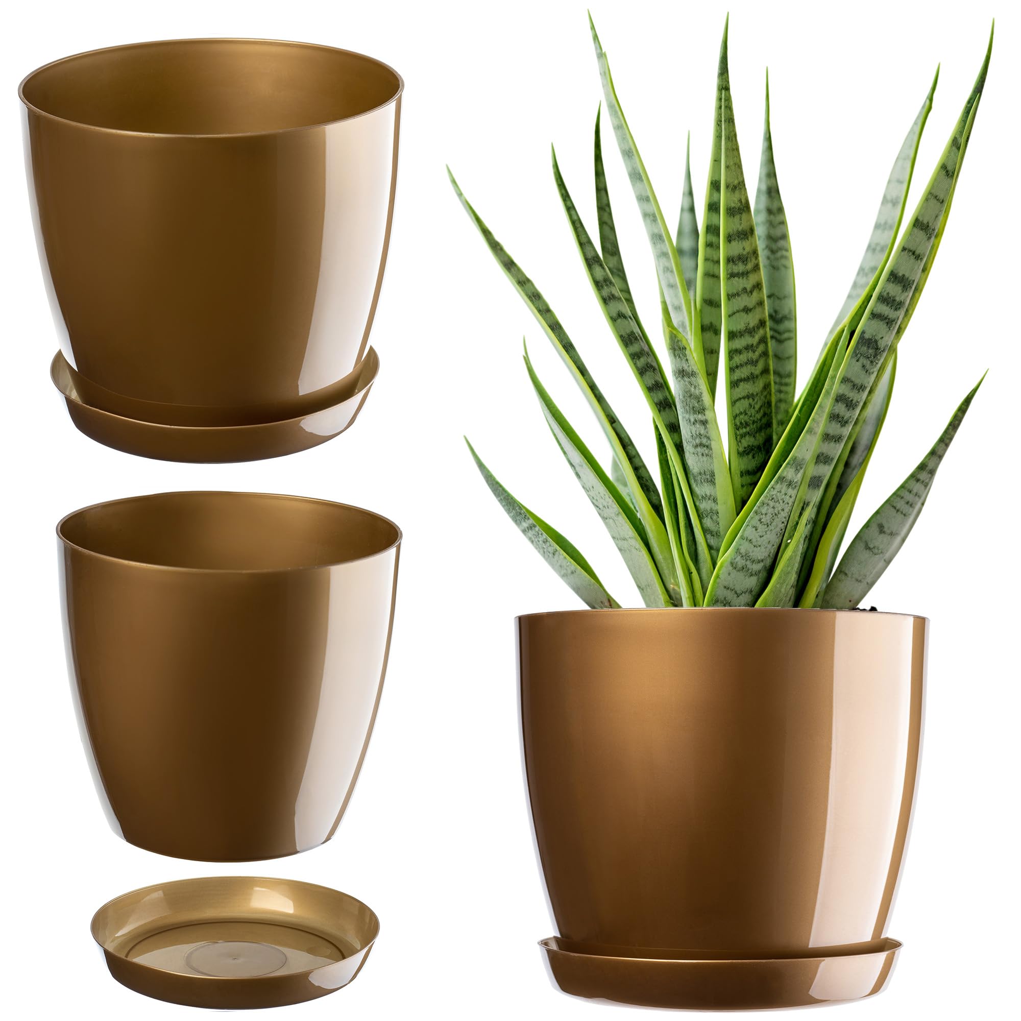 KADAX Plant Pot, Plastic Flowerpot with matching Tray, Indoor Planter in several colours, Lightweight and Waterproof Pot for Office and Living Room (⌀18cm, Gold)