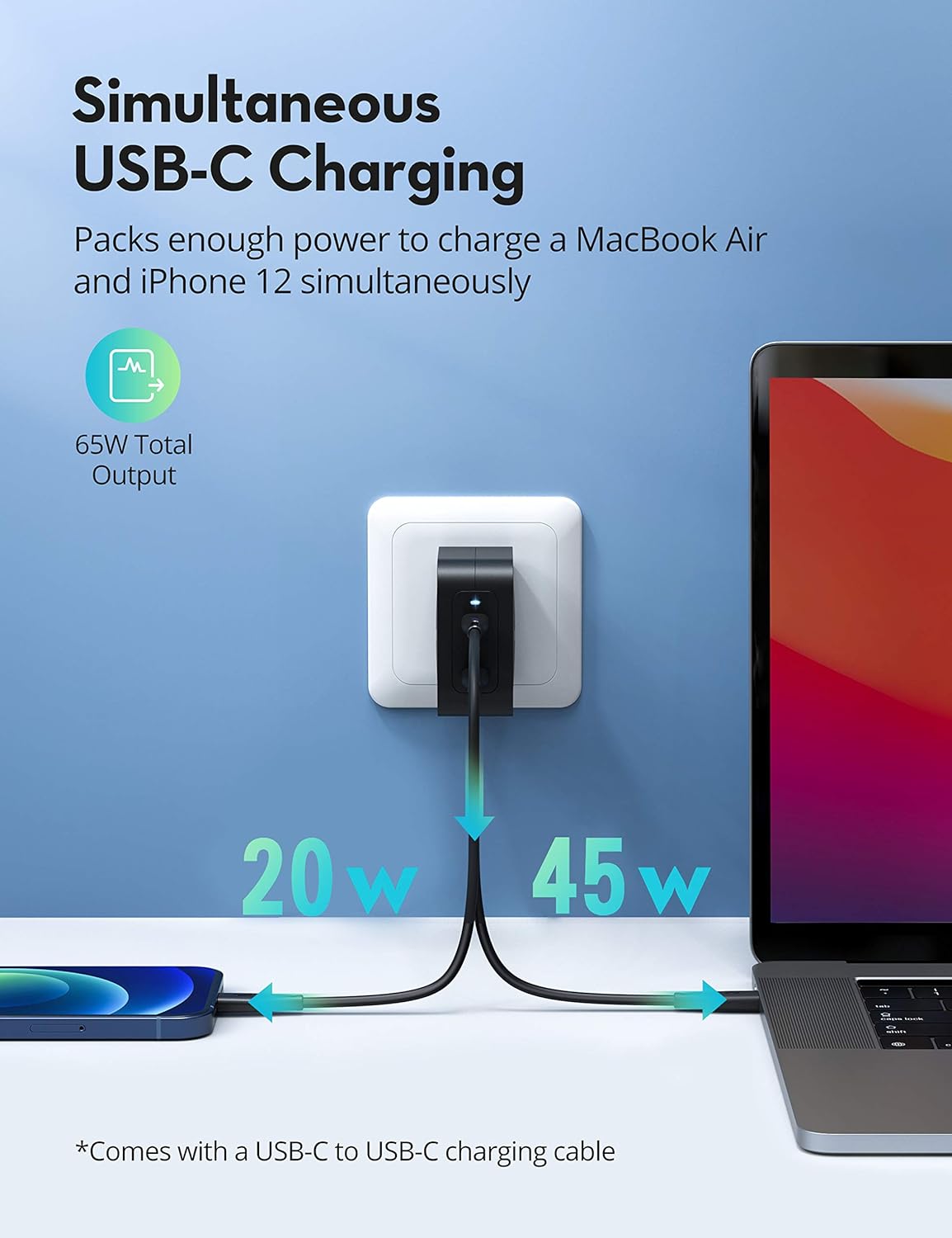 USB C Charger RAVPower 65W PD Charger 2-Port Foldable iPhone Fast Wall Charger, GaN Tech & PD 3.0 Compact Type C Adapter for iPhone 12 Max, MacBook Pro, Galaxy, Switch, iPad Pro(C to C Cable Included)