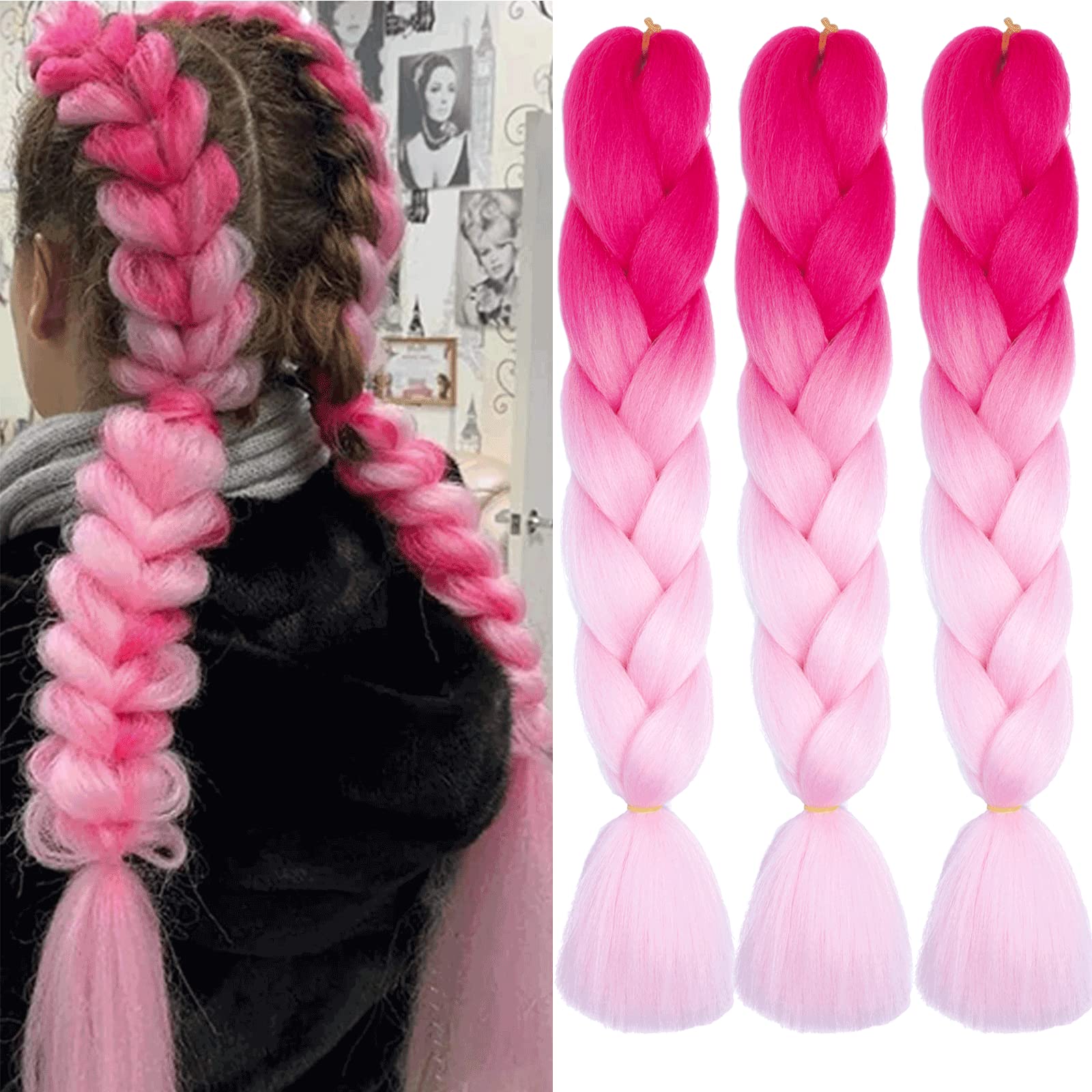 Xtrend 3Packs 24Inch 2 Tones Ombre Braiding Hair Crochet Braids High Tempreture Synthetic Hair Extensions Jumbo Braiding Hair Extension for Box Braiding Hair (3Packs, Peach light pink#) — image 1