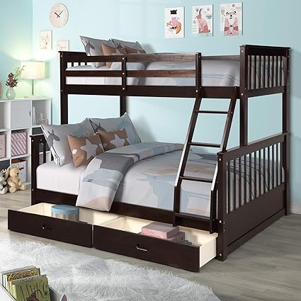 Meritline Bunk Bed Wood Twin Over Full Bunk Bed Frame With