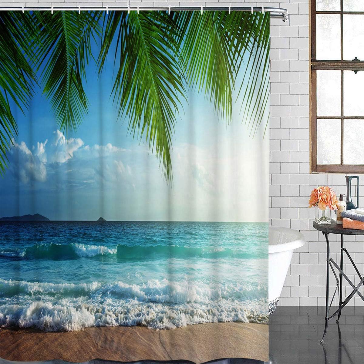 wanxinfu Shower Curtain Polyester Fabric Bathroom Curtain Set with Hooks Bath Decor Set Waterproof Personalized Customization Curtains, Beach Wind Wave Sky Coconut Tree 72" x 72"