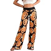 Women Halloween Pajamas Pants Pumpkin Skull Ghost Print Drawstring Wide Leg Pj Bottoms Cute Funny Lounge Sleepwear