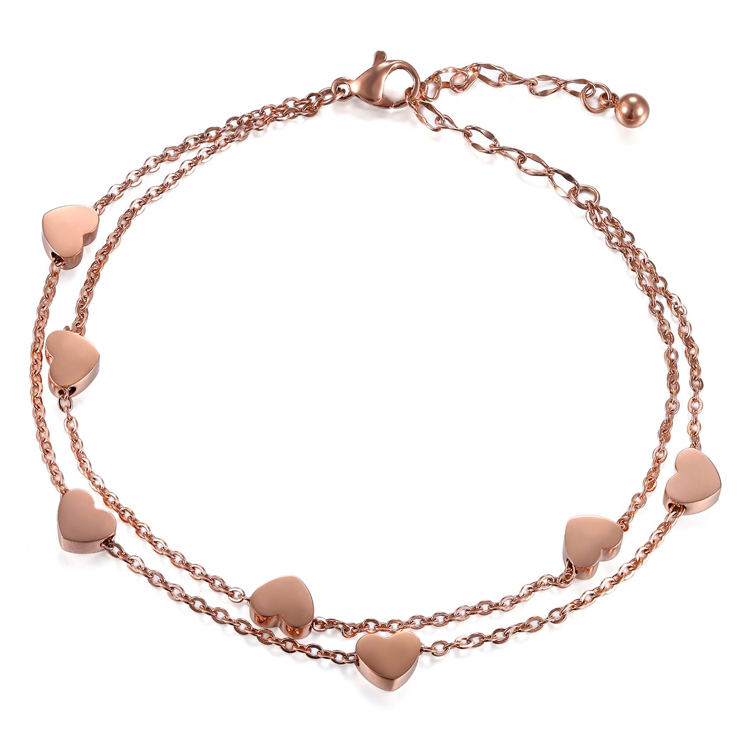 Cupimatch Women Stainless Steel Heart Love Charm Bracelet, Adjustable Wrist Link Chain (Rosegold)