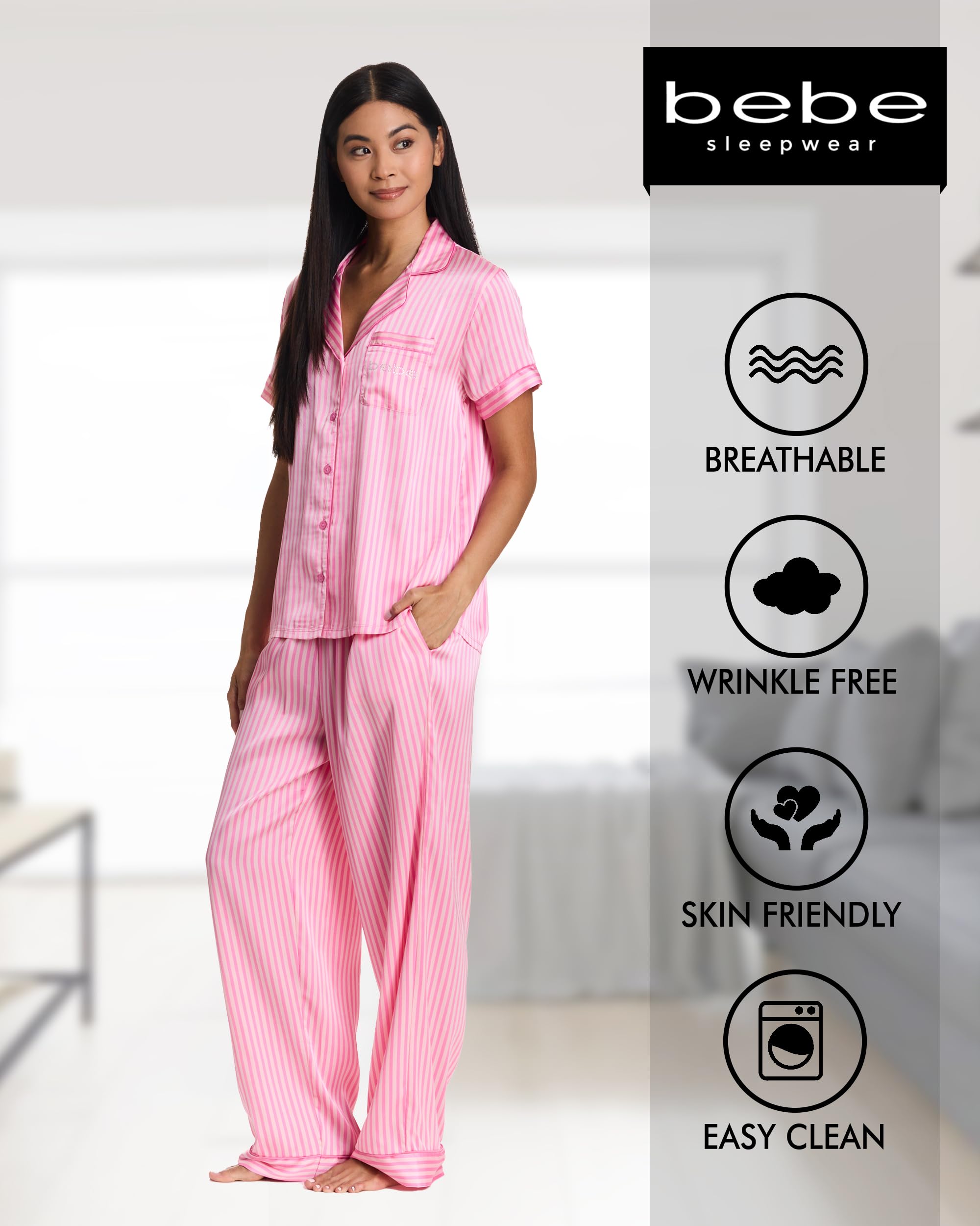 bebe Women's Silky Satin Pajama Set, Button Down Short Sleeve Sleepwear Valentines Gifts for Her (Aurora Pink, Large)