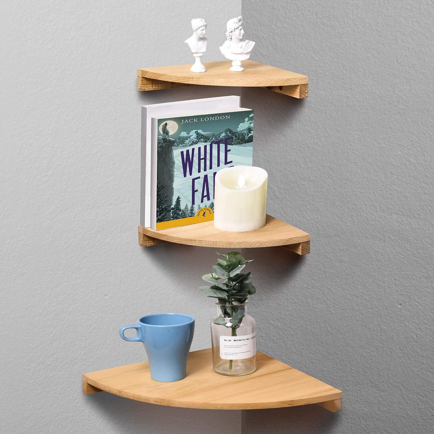 MTANK Corner Wall Shelf Set of 3, Solid Beech Wood Floating Shelves