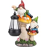 Ovewios Garden Gnome Statue, Large Funny Gnome Figurine Climbing on Mushroom and Holding a Solar LED Lantern Resin Ornament for Patio Yard Lawn Porch Outdoor Decor