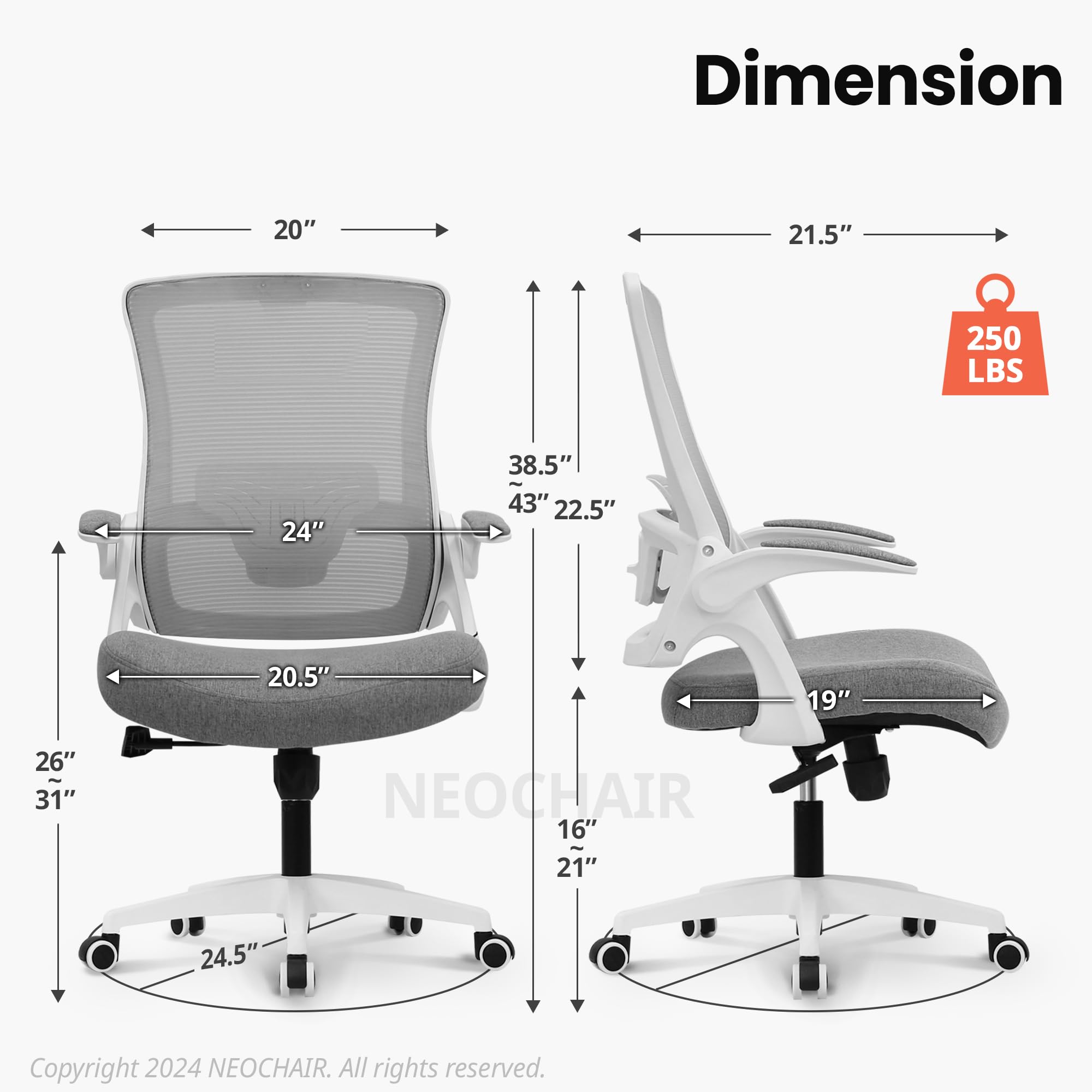 NEO CHAIR High Back Mesh Chair Adjustable Height and Ergonomic Design Home Office Computer Desk Chair Executive Lumbar Support Padded Flip-up Armrest Swivel Chair (Grey) - Image 6