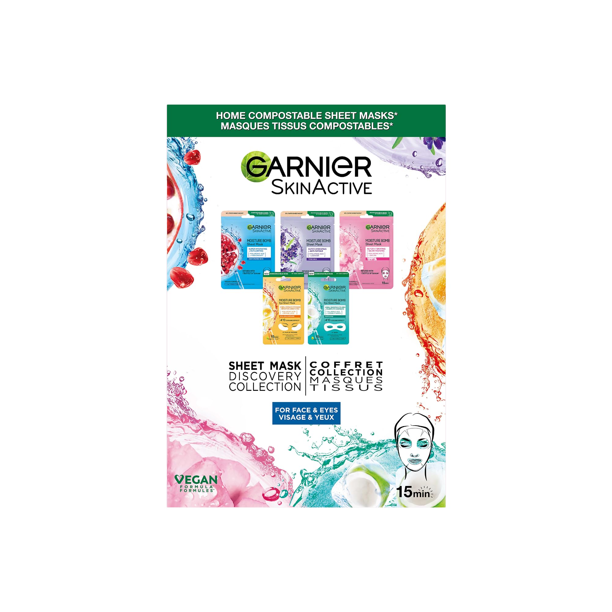 Garnier Sheet Mask Discovery Collection, Face & Eye Mask for Dehydrated, Dull and Tired Skin, With Hyaluronic Acid and Glycerine, Skin Active, Pack of 5