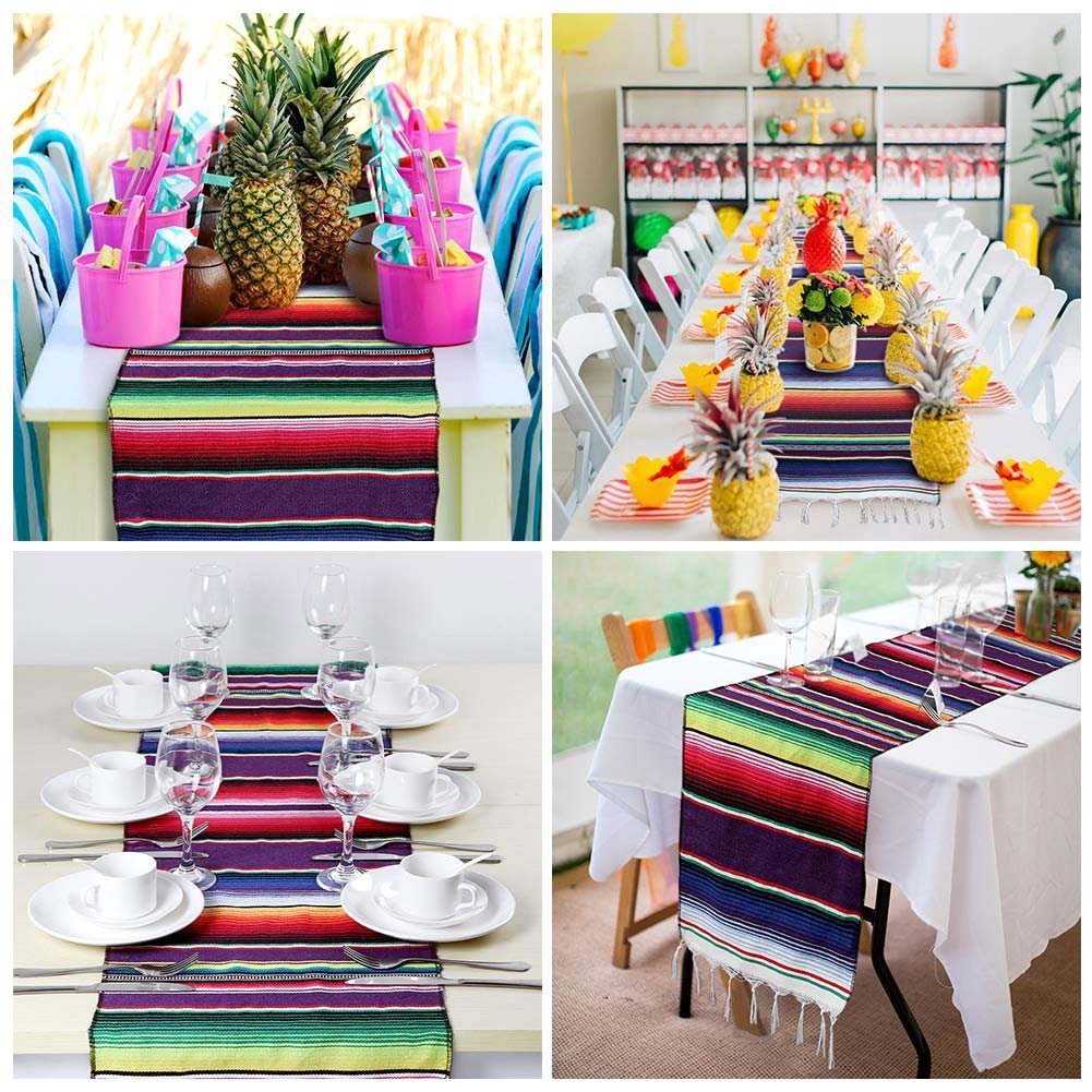 ShineU 84 x 14 inch Mexican Serape Table Runner with Fringed Ends, Vibrant Colors Cotton Woven Table Runner Ideal for Table Cloth Blanket Wall Decoration