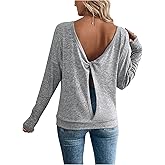 SOLY HUX Women's Twist Open Back Tops Cut Out Tee Backless Casual Long Sleeve Round Neck T Shirt Pure Grey Large